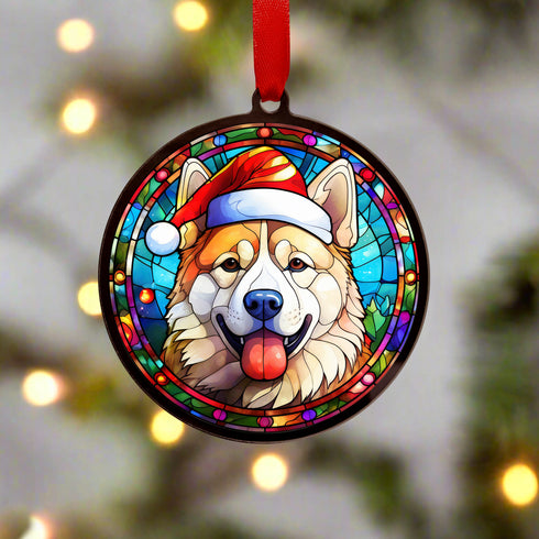 Akita in Santa Hat Suncatcher Decoration